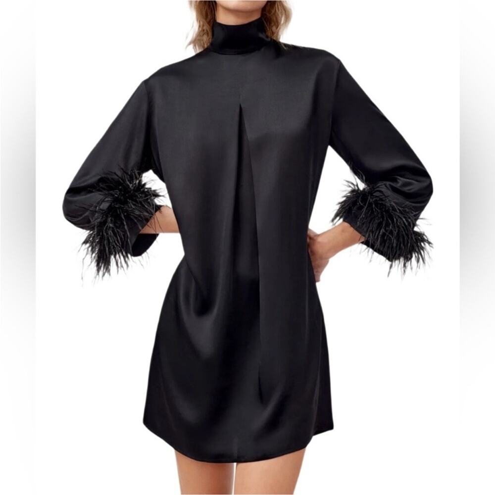 NEW Sleeper Black Satin Ostrich Feather Cuff Trim Dress, Size XS, MSRP $398